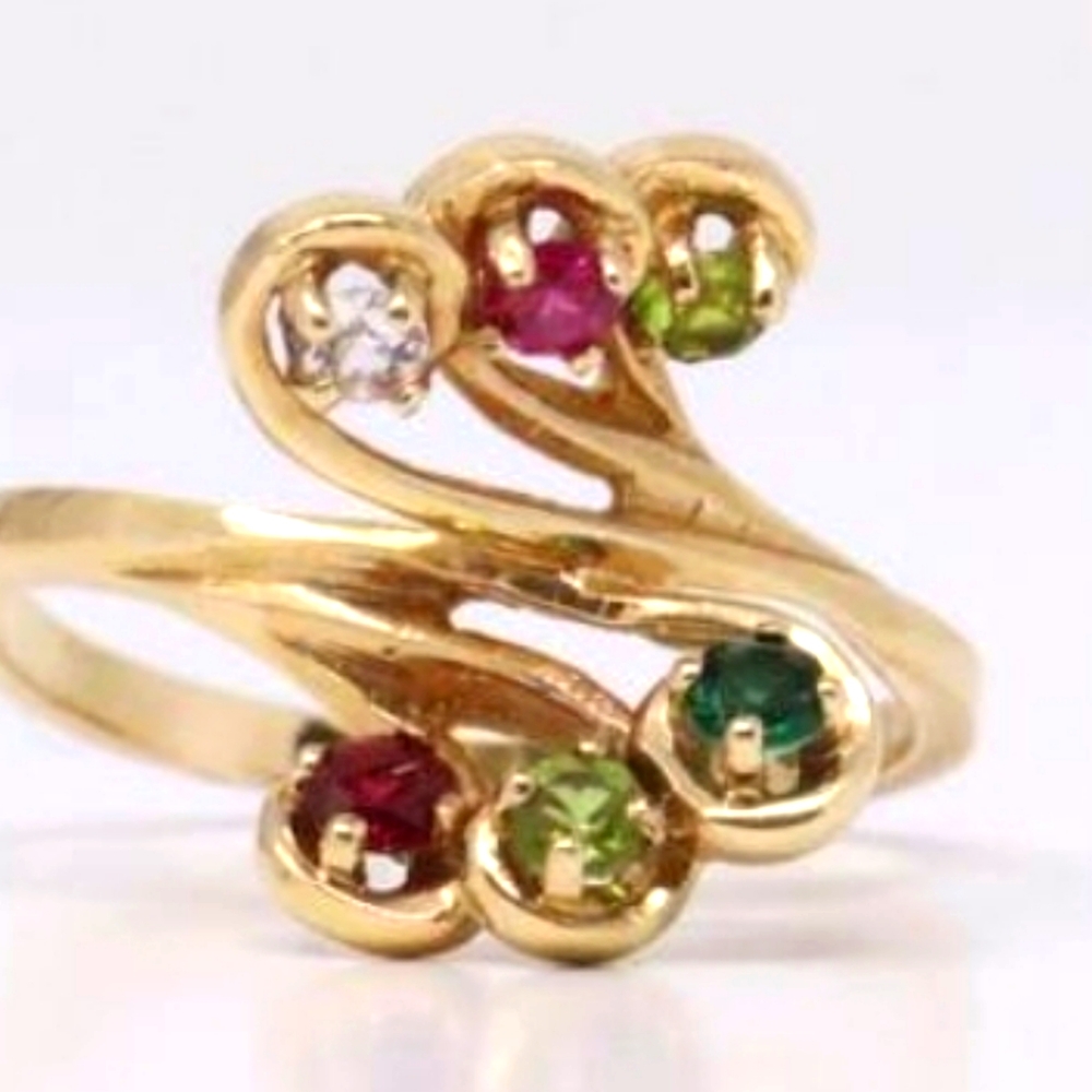 14kt Ring: Diamond, Ruby's, Emerald & Peridot